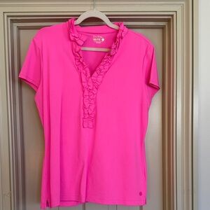 Lilly Pulitzer Neon Pink Ruffle V-Neck Short Sleeve Polo- Size XL